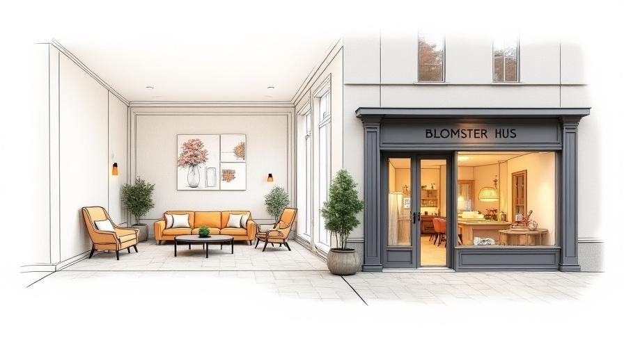 En vakker designskisse av et rom med Blomster Hus møbler og tapet, eller et bilde av en elegant butikkfront i Oslo.